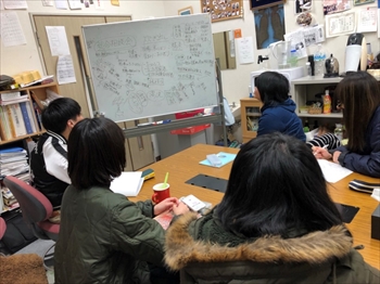 写真：研究室でホワイトボードに書いた振り返りを見る学生たち