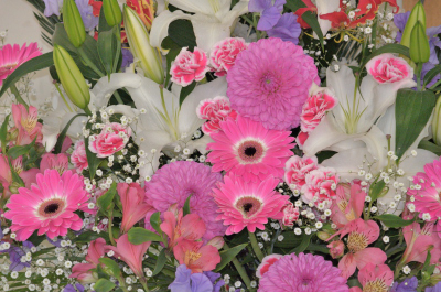 写真：左側のフラワースタンドのお花のアップの写真。濃いピンク色の花たち。